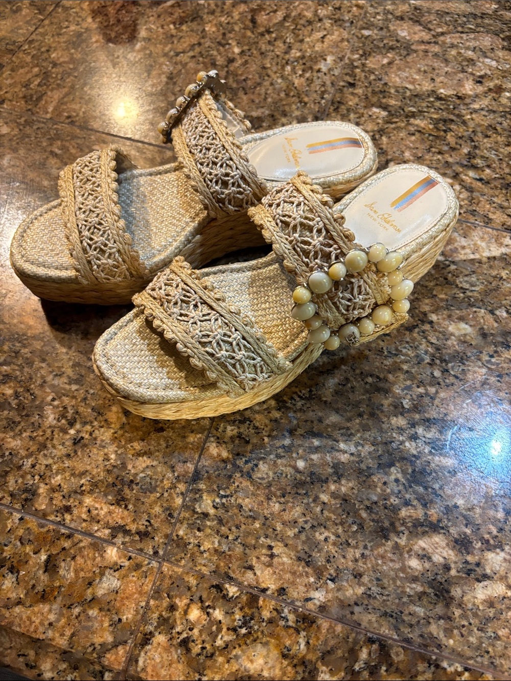 Sam Edelman Tan Braided Wedge Slide Sandals with Beaded Accent - Picture 2 of 4